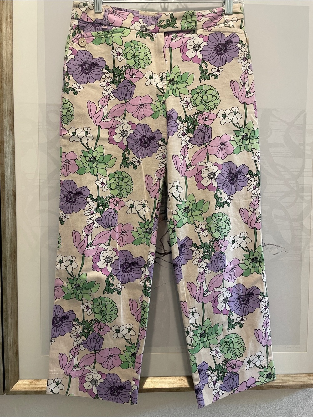 LOFT Cream Floral Pants with Purple & Green Blooms